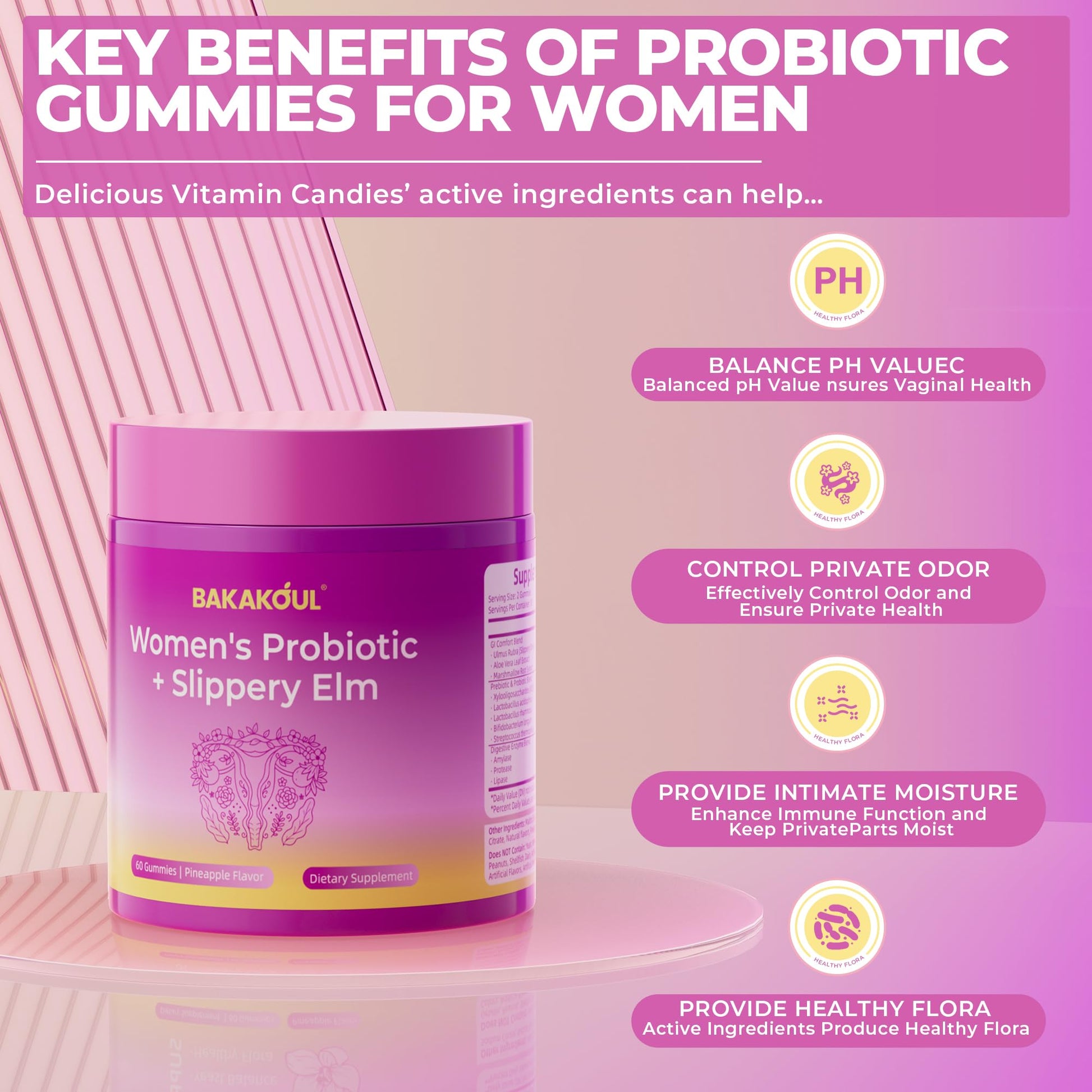 BAKAKOUL Feminine Probiotics Gummies for Women, Vaginal Probiotics with Slippery Elm,Prebiotics & Probiotics Supports pH Balance,Immune Health, Vegan - PrimeBioHealth - canada supplements