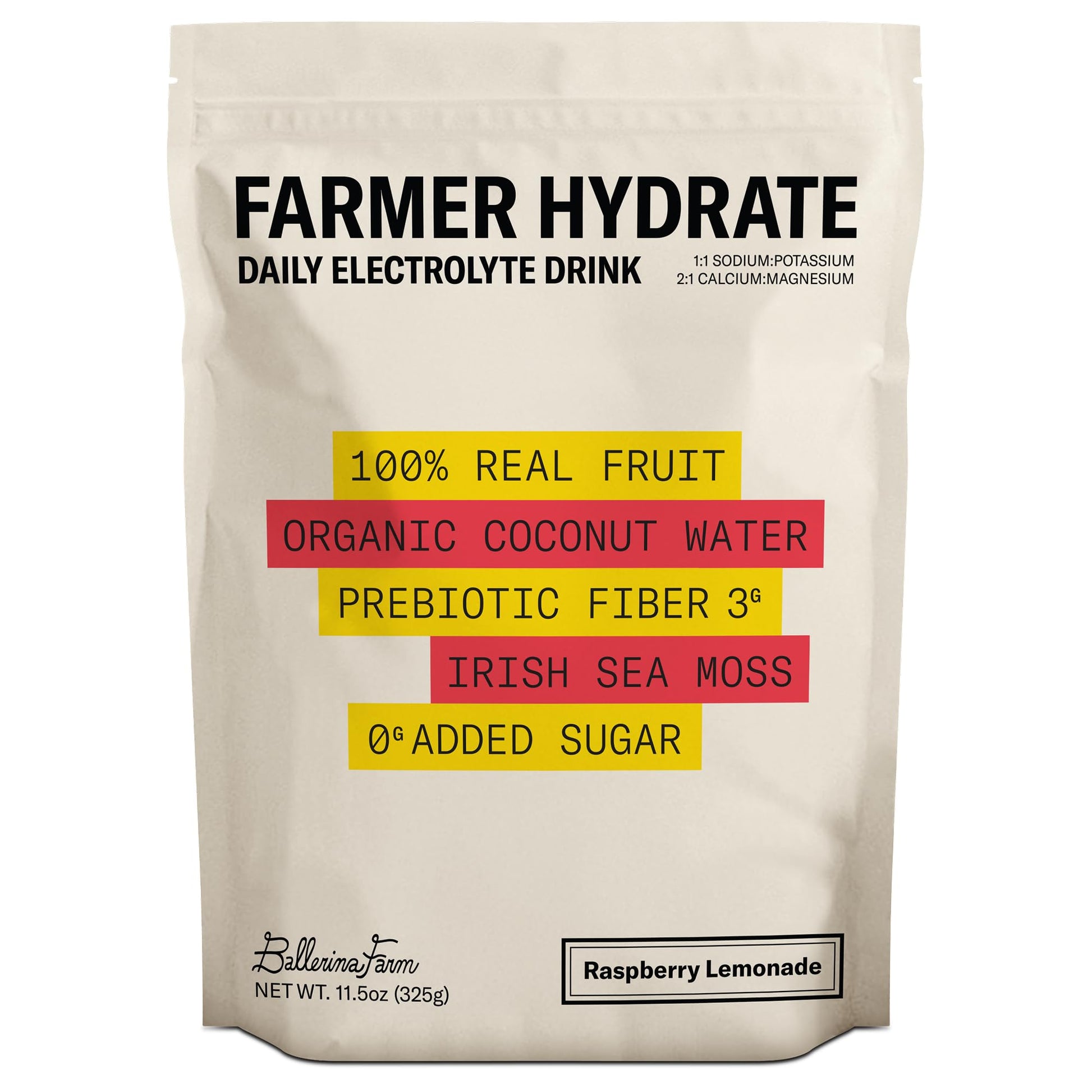 Ballerina Farm Farmer Hydrate, Daily Electrolytes Powder, Raspberry Lemonade, Hydration Drink Mix with Organic Coconut Water, Irish Sea Moss, Sea Salt, Prebiotic Fiber, No Added Sugar, 25 Servings - PrimeBioHealth - canada supplements