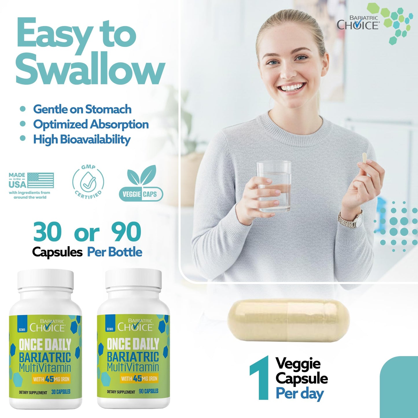 Bariatric Choice Once-Daily Bariatric Multivitamin with 45 mg of Iron | Easy to Swallow Capsule | Vitamin for Bariatric Surgery Patients - PrimeBioHealth - canada supplements