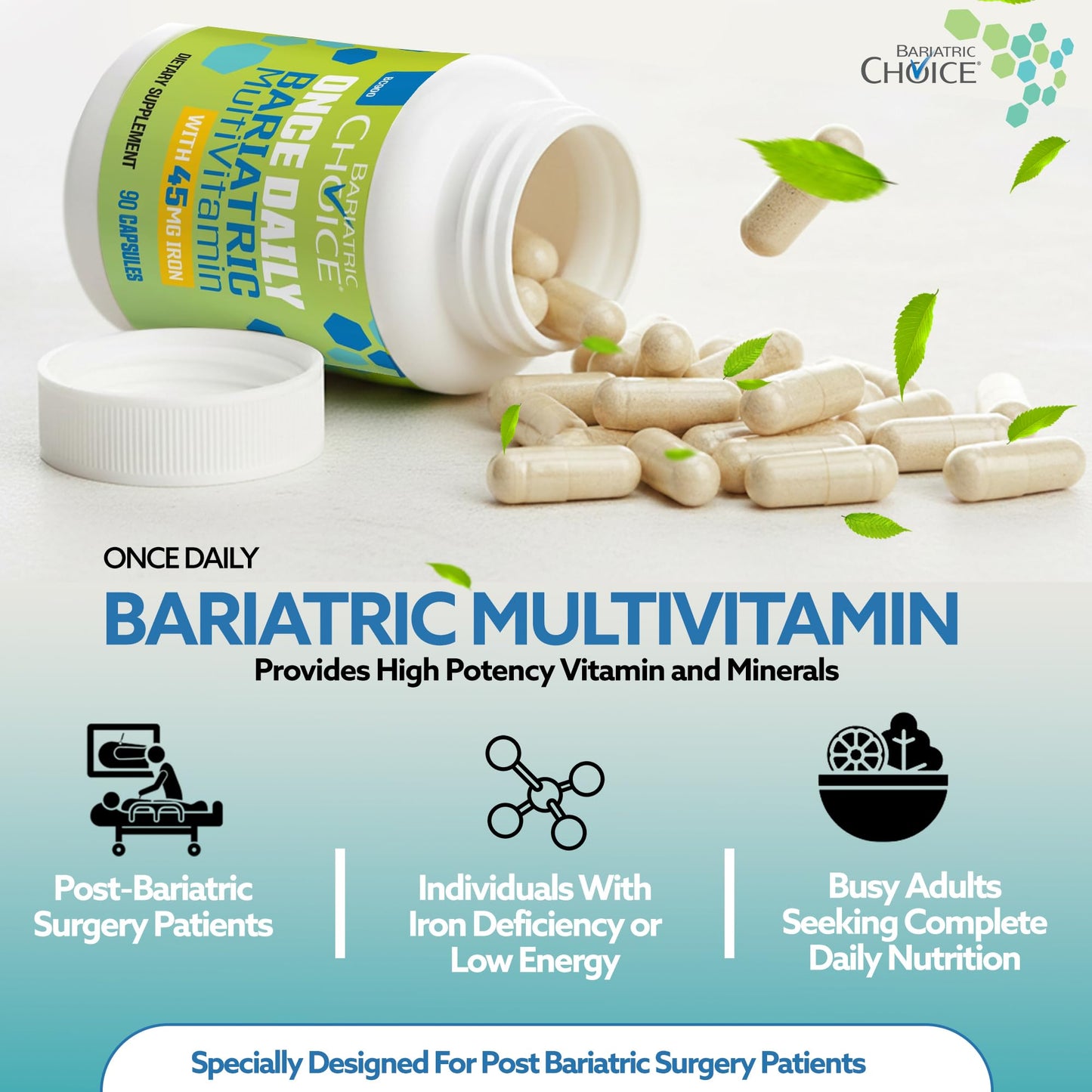 Bariatric Choice Once-Daily Bariatric Multivitamin with 45 mg of Iron | Easy to Swallow Capsule | Vitamin for Bariatric Surgery Patients - PrimeBioHealth - canada supplements
