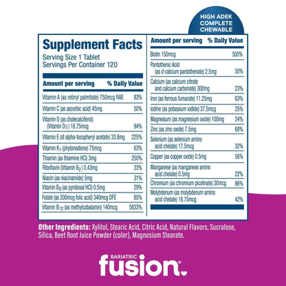 Bariatric Fusion Chewable Multivitamin with High ADEK Vitamins | Multi for Duodenal Switch Patients | Mixed Berry Flavored Tablets | - PrimeBioHealth - canada supplements