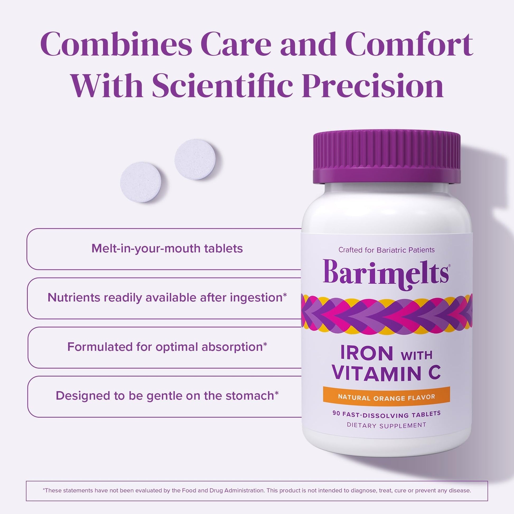 Barimelts Iron with Vitamin C, 90 Fast-Dissolving Tablets (1-Month Supply), Sugar-Free Bariatric Iron Supplement for Women, Natural Orange Flavor - PrimeBioHealth - canada supplements