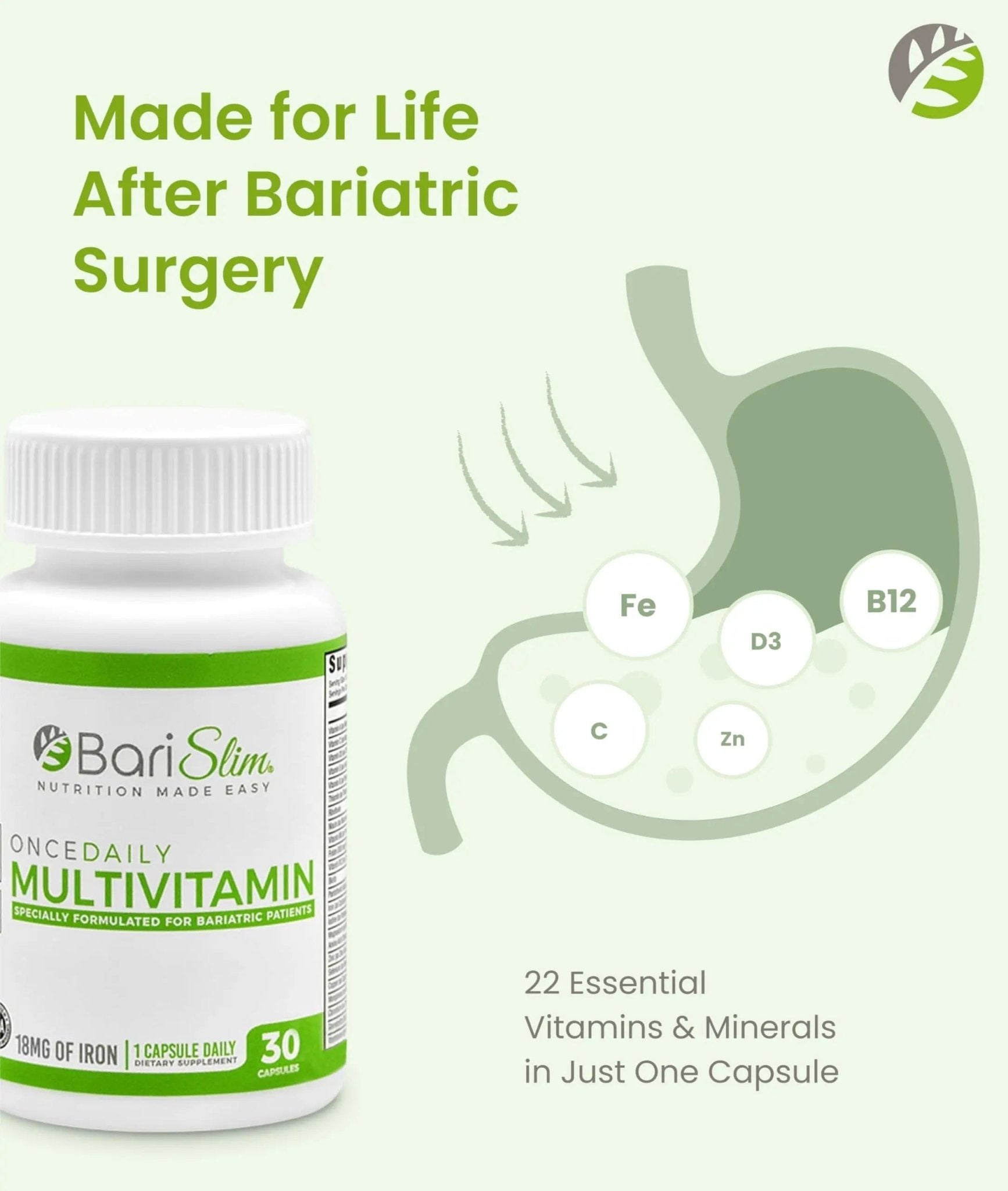 BariSlim Once Daily Bariatric Multivitamin Capsule - 18mg of Iron - Bariatric Vitamin & Supplement for Post Surgery Including Gastric Bypass - PrimeBioHealth - canada supplements