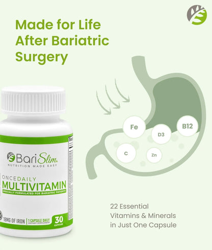 BariSlim Once Daily Bariatric Multivitamin Capsule - 18mg of Iron - Bariatric Vitamin & Supplement for Post Surgery Including Gastric Bypass - PrimeBioHealth - canada supplements
