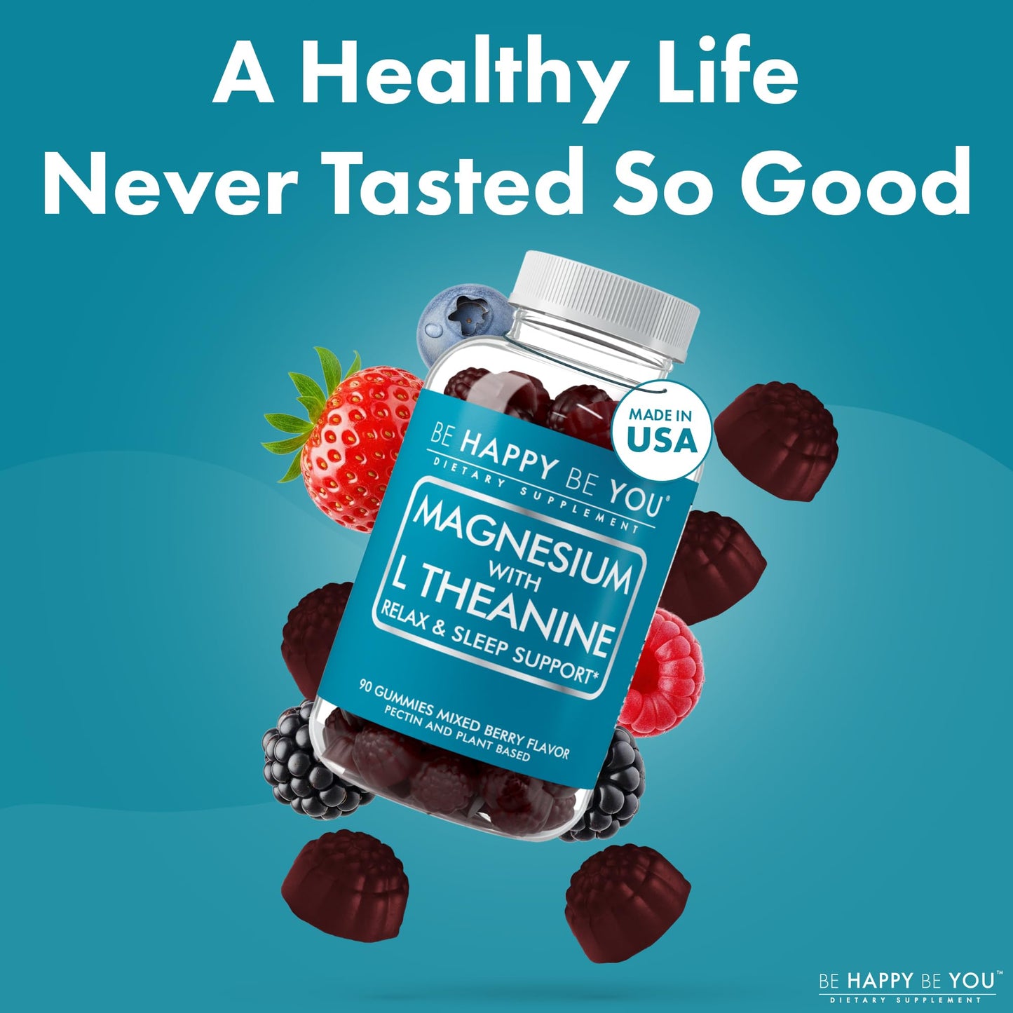Be Happy Be You Magnesium Glycinate Gummies with L-Theanine – Relaxation & Sleep Support – Vegan, Gelatin-Free, Mixed Berry Flavor - PrimeBioHealth - canada supplements
