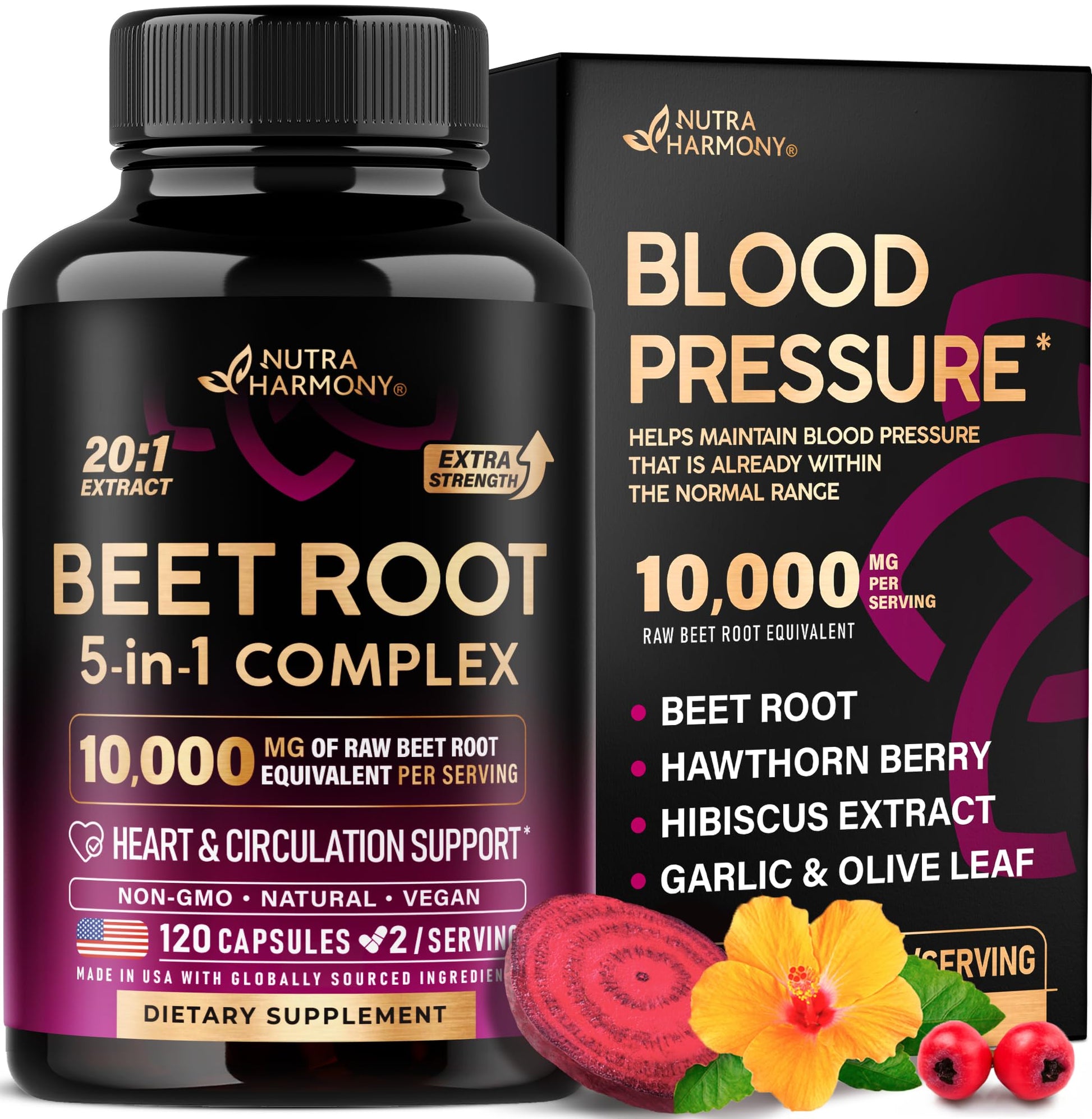 Beet Root 5-in-1 Complex Capsules - Healthy Blood Pressure Support Supplement for Heart & Circulation Support - Olive Leaf, Hawthorn Berry & Hibiscus - PrimeBioHealth - canada supplements