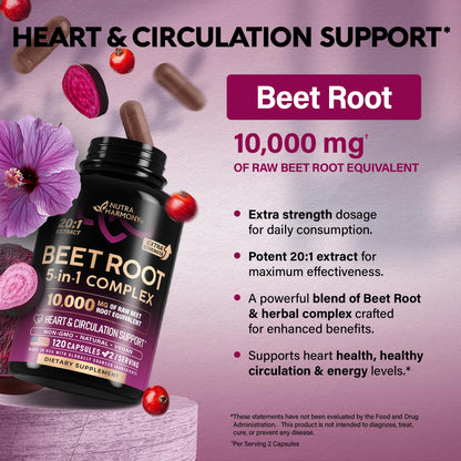Beet Root 5-in-1 Complex Capsules - Healthy Blood Pressure Support Supplement for Heart & Circulation Support - Olive Leaf, Hawthorn Berry & Hibiscus - PrimeBioHealth - canada supplements