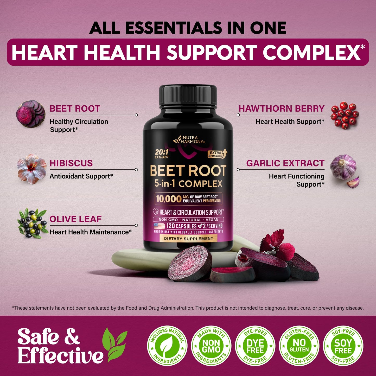 Beet Root 5-in-1 Complex Capsules - Healthy Blood Pressure Support Supplement for Heart & Circulation Support - Olive Leaf, Hawthorn Berry & Hibiscus - PrimeBioHealth - canada supplements