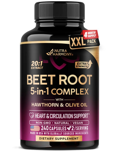 Beet Root 5-in-1 Complex Capsules - Healthy Blood Pressure Support Supplement** for Heart & Circulation Support - with Hawthorn Berry, Hibiscus & Garlic - PrimeBioHealth - canada supplements