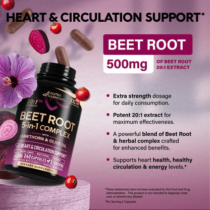 Beet Root 5-in-1 Complex Capsules - Healthy Blood Pressure Support Supplement** for Heart & Circulation Support - with Hawthorn Berry, Hibiscus & Garlic - PrimeBioHealth - canada supplements