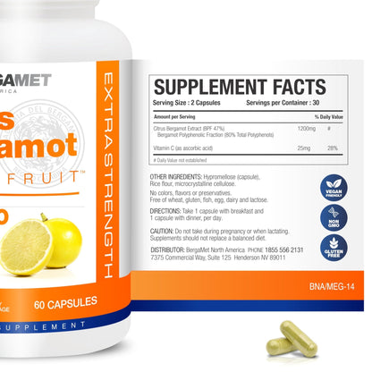 BergaMet Citrus Bergamot Supplement, 170:1 Extract, 1200mg per Serving, 80% Polyphenols, Italian Citrus Bergamot Supplement, - PrimeBioHealth - canada supplements