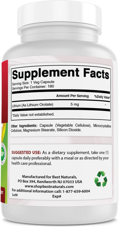 Best Naturals Lithium Orotate 5 mg 180 Capsules - Non GMO - Gluten Free - PrimeBioHealth - canada supplements