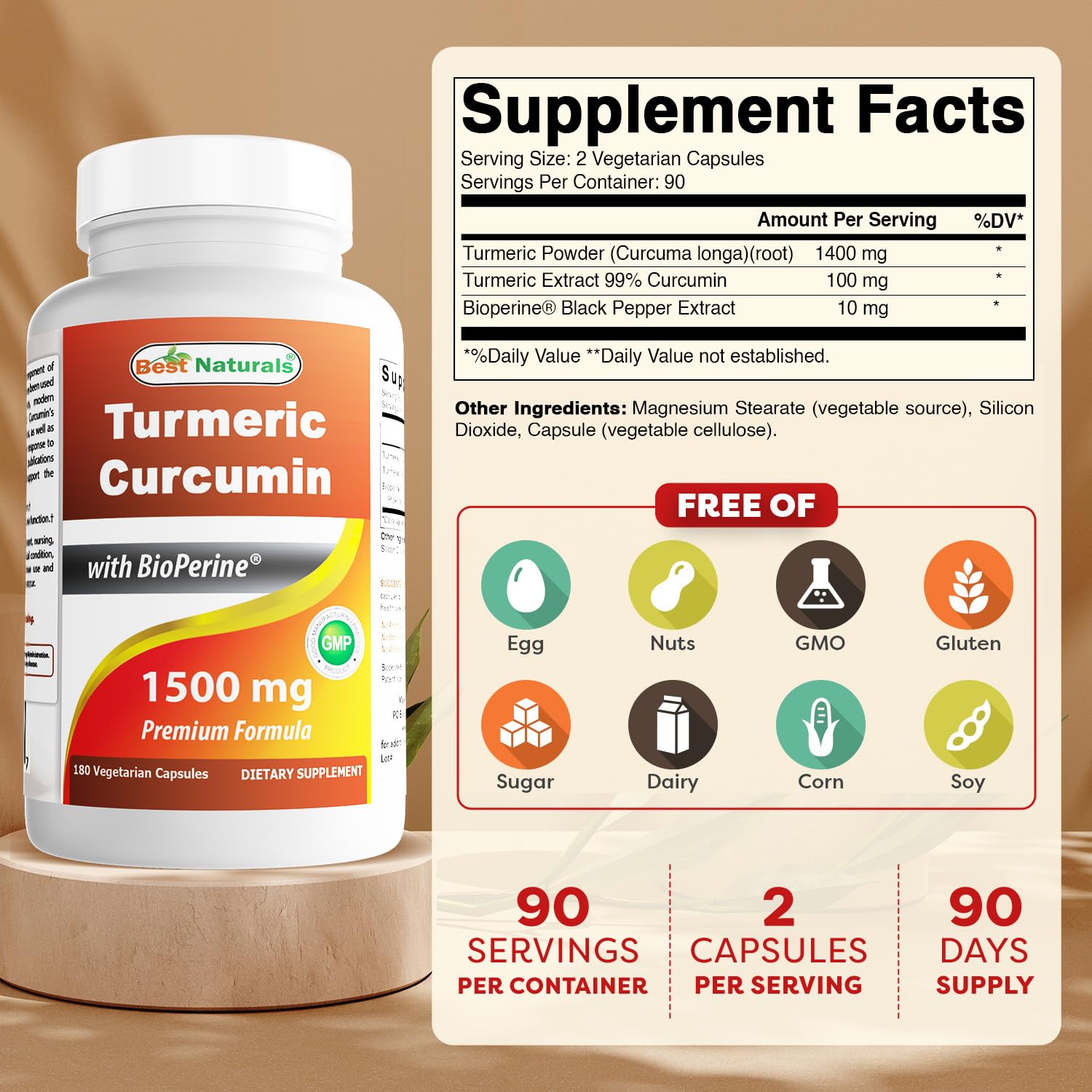 Best Naturals Turmeric Curcumin 1500mg/Serving with Bioperine - 180 Veggie Capsules - PrimeBioHealth - canada supplements