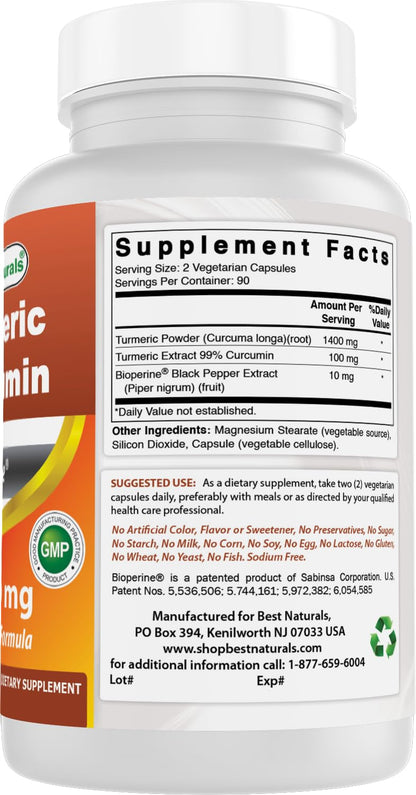Best Naturals Turmeric Curcumin 1500mg/Serving with Bioperine - 180 Veggie Capsules - PrimeBioHealth - canada supplements