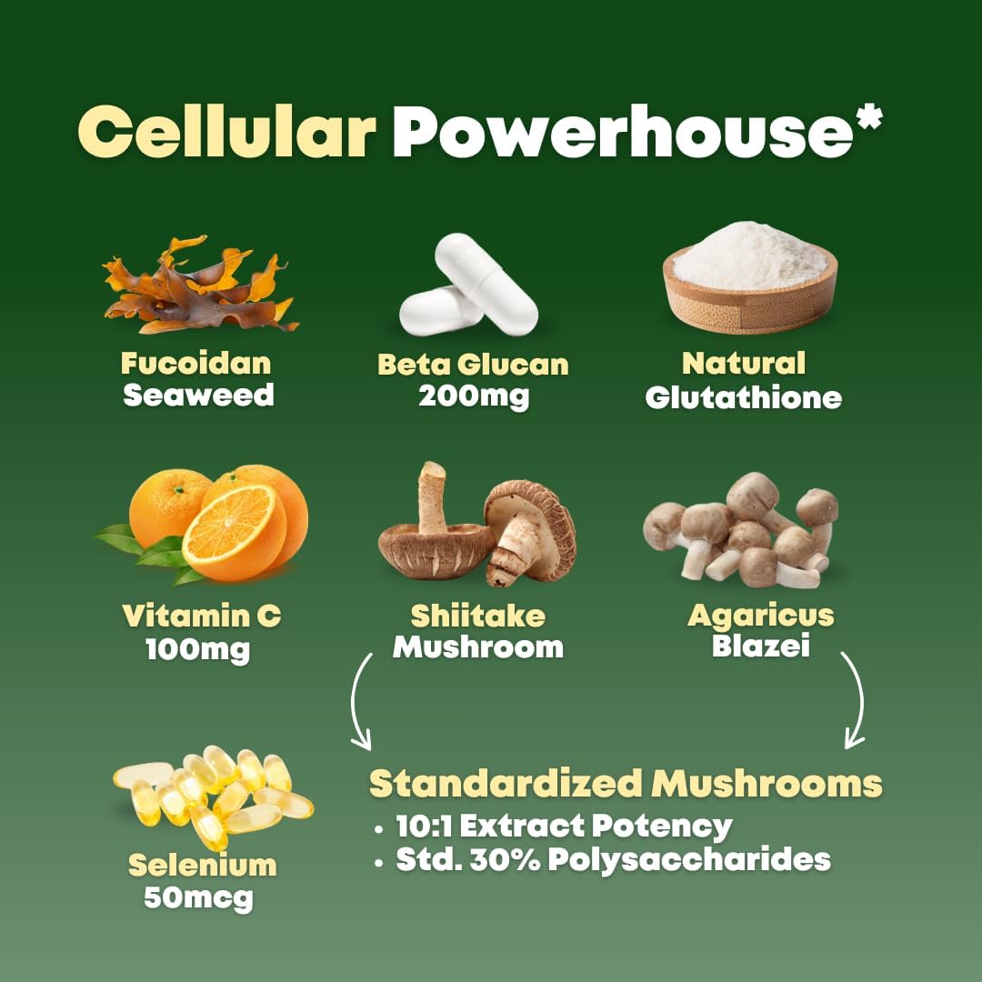 Beta Glucan & Fucoidan Brown Seaweed Extract - L Glutathione, Shiitake, Agaricus Blazei Mushroom, Vitamin C - Immune, Cellular, Healthy Aging Support - 90 Capsules, Non GMO, Gluten Free Supplement - PrimeBioHealth - canada supplements