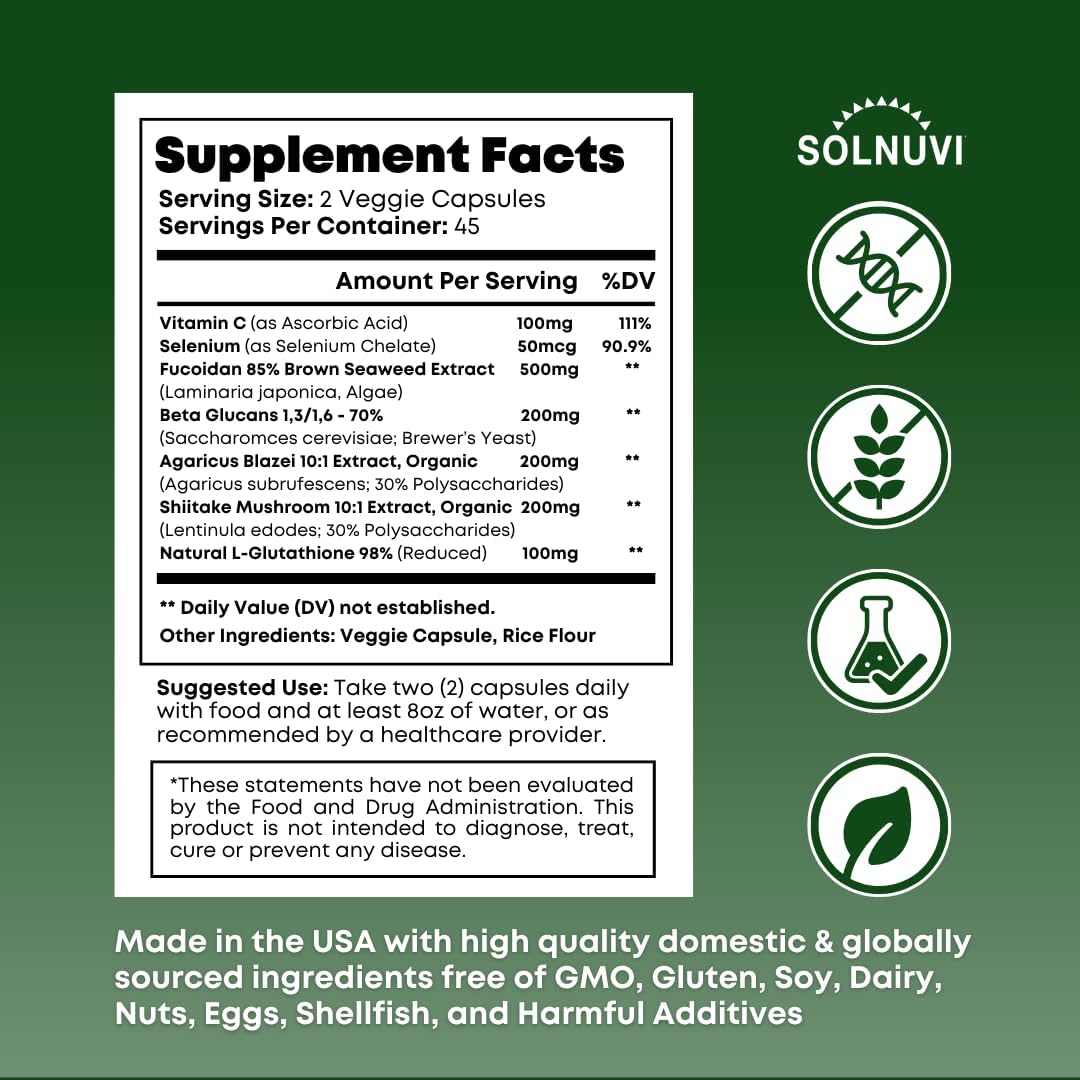 Beta Glucan & Fucoidan Brown Seaweed Extract - L Glutathione, Shiitake, Agaricus Blazei Mushroom, Vitamin C - Immune, Cellular, Healthy Aging Support - 90 Capsules, Non GMO, Gluten Free Supplement - PrimeBioHealth - canada supplements