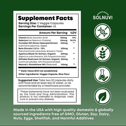 Beta Glucan & Fucoidan Brown Seaweed Extract - L Glutathione, Shiitake, Agaricus Blazei Mushroom, Vitamin C - Immune, Cellular, Healthy Aging Support - 90 Capsules, Non GMO, Gluten Free Supplement - PrimeBioHealth - canada supplements