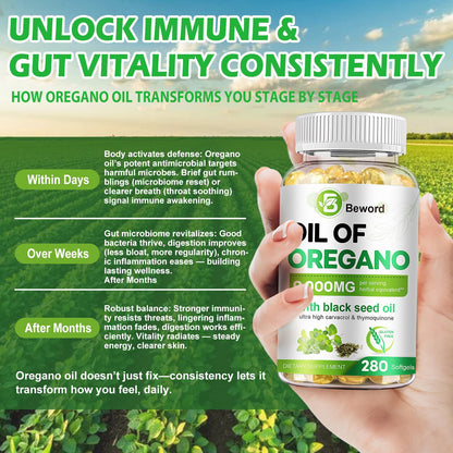 BEWORD Oil of Oregano with Black Seed Oil, 280 Softgels, 9000mg Per Serving – 2-in-1 Oregano Supplement for Immune Health with High Carvacrol & Thymoquinone | Plant-Based, Non-GMO - PrimeBioHealth - canada supplements