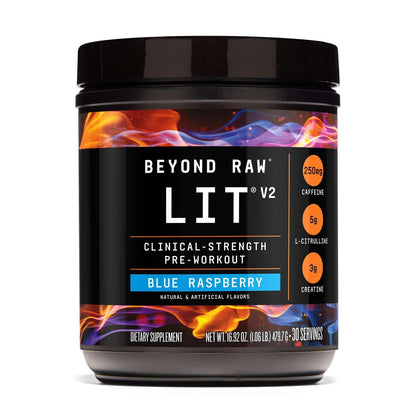 BEYOND RAW LIT V2 Clinical Strength Pre Workout Powder, Hits Harder, Bigger Pumps, Caffeine, L-Citrulline, Creatine, Blue Raspberry, 30 Servings - PrimeBioHealth - canada supplements