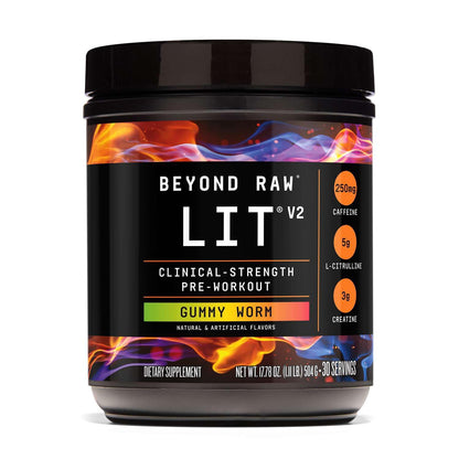 BEYOND RAW LIT V2 Clinical Strength Pre Workout Powder, Hits Harder, Bigger Pumps, Caffeine, L-Citrulline, Creatine, Gummy Worm, 30 Servings - PrimeBioHealth - canada supplements