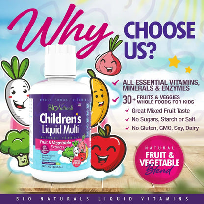 Bio Naturals Children's Liquid Multivitamin & Immune Booster - Natural Supplement for Kids & Toddlers with Vitamins A B C D3 E, Fiber - PrimeBioHealth - canada supplements