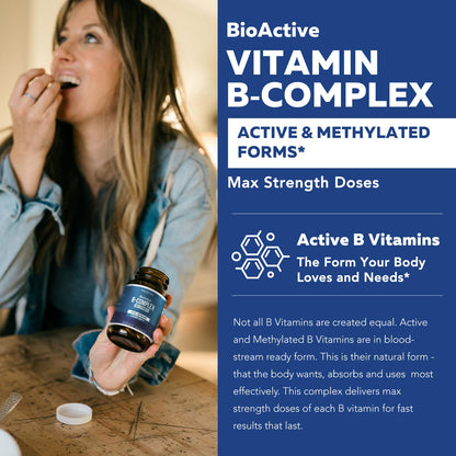 BioActive Vitamin B Complex - Blood Stream Ready, Methylated B Complex - Featuring Methylfolate, 3 BioActive Forms of B12, BenfoPure® B1 & Pantesin® B5 - 12 B Vitamins in Clinical Doses - 60 Servings - PrimeBioHealth - canada supplements