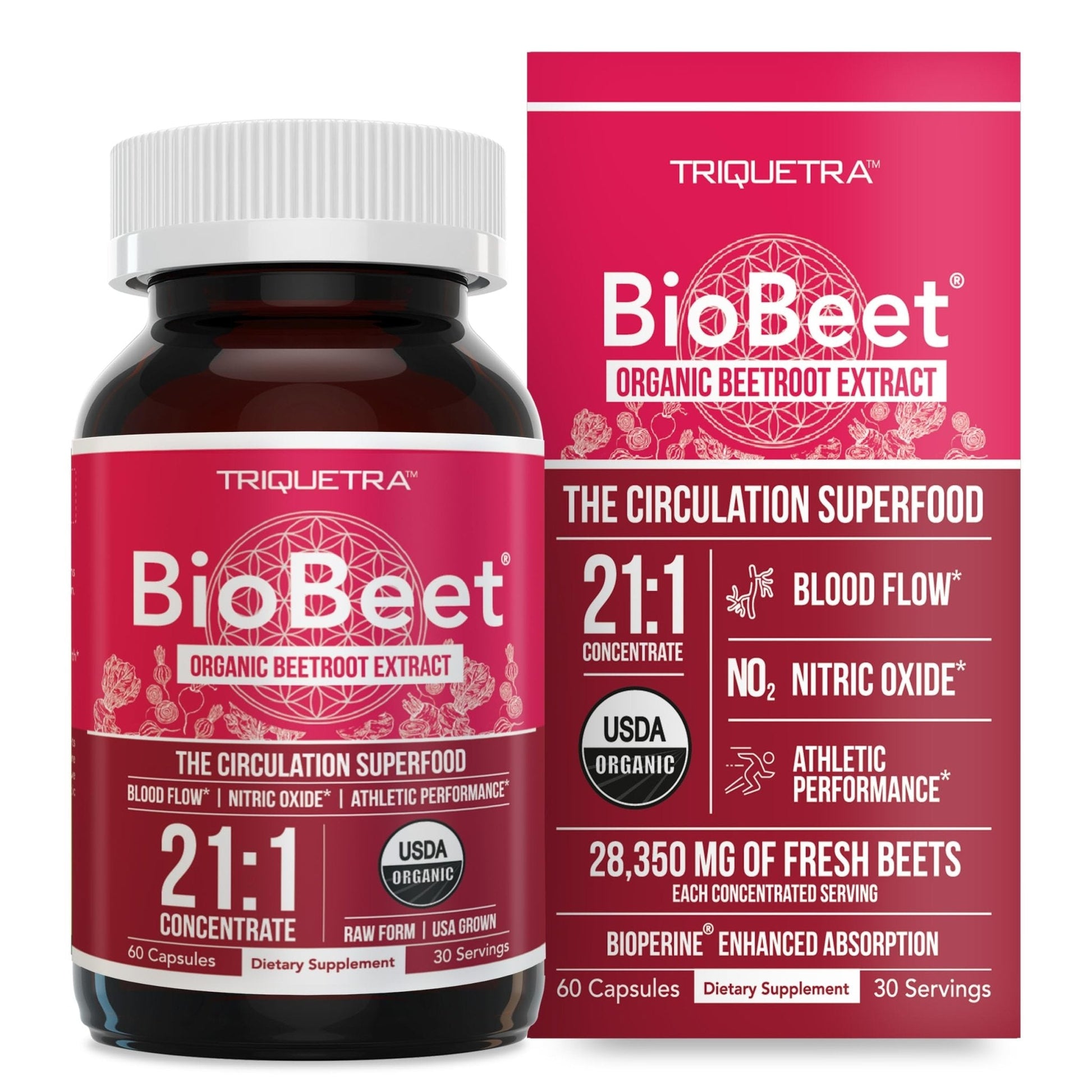 BioBeet® Max Strength Beet Root Capsules - 21:1 Concentrate, Each Serving Derived from 28,350 mg Organic Beetroot - Absorption Enhancement with BioPerine® Black Pepper Extract (60 Capsules) - PrimeBioHealth - canada supplements