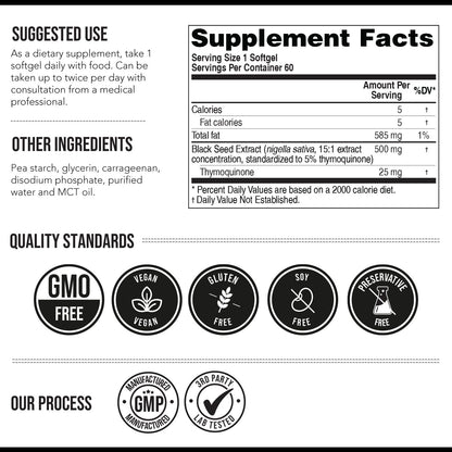 Black Seed Oil Softgels | 5% Thymoquinone - TQ-Advanced® | High Potency - 500 mg per Capsule - 15:1 Concentrate from Nigella Sativa Extract, Raw Form, Vegan Formula, Glass Bottle (60 Softgels) - PrimeBioHealth - canada supplements