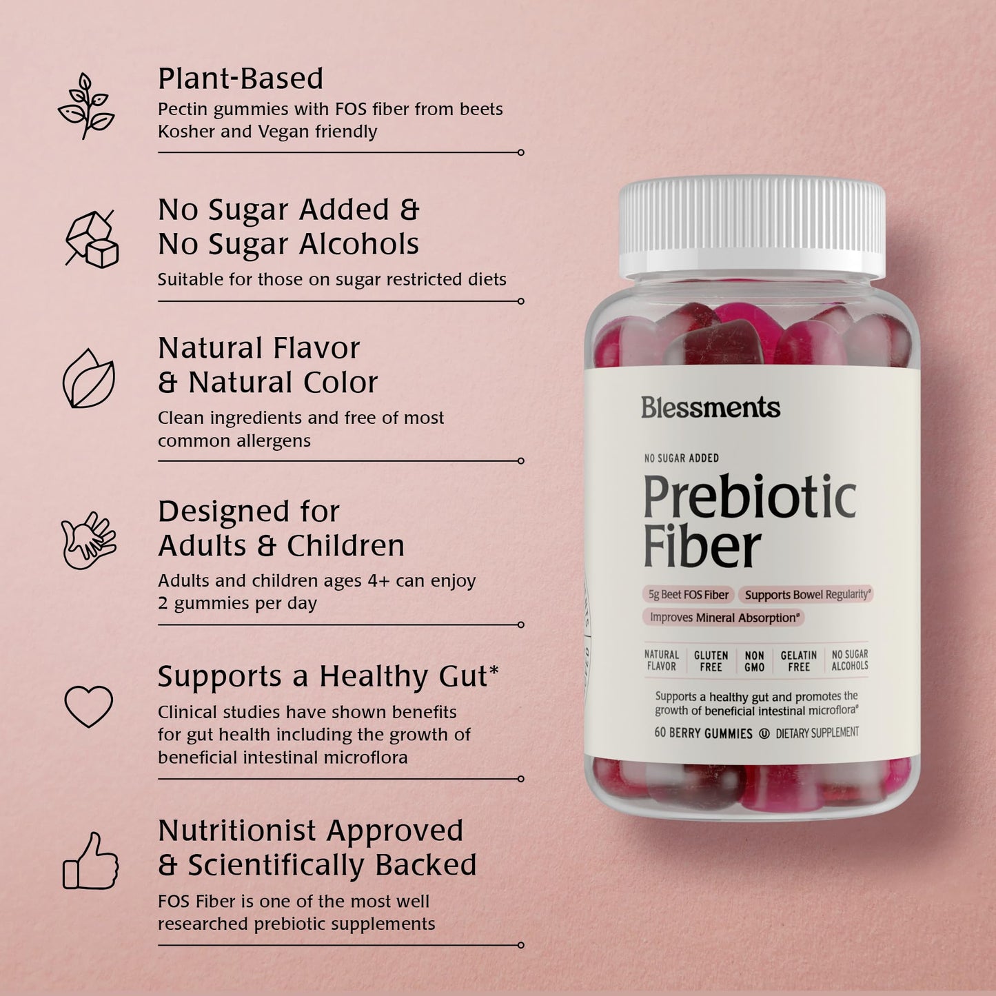 Blessments - Prebiotic Fiber Gummies for Adults & Kids with No Added Sugar- 5g (60 Count) High Fiber Supplement Gummies - Vegan - Keto Friendly - Digestive Health Supplements - PrimeBioHealth - canada supplements