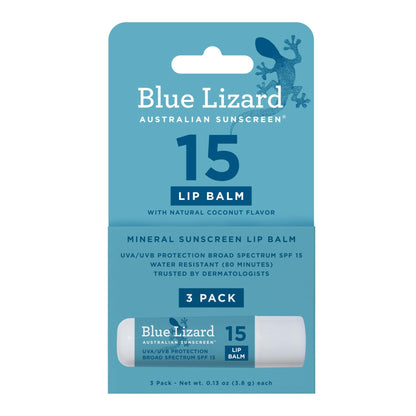 BLUE LIZARD Mineral SPF 15 Lip Balm, 3-Pack: Broad Spectrum Sun Protection, Natural Coconut Flavor, 8 Natural Oils - PrimeBioHealth - canada supplements