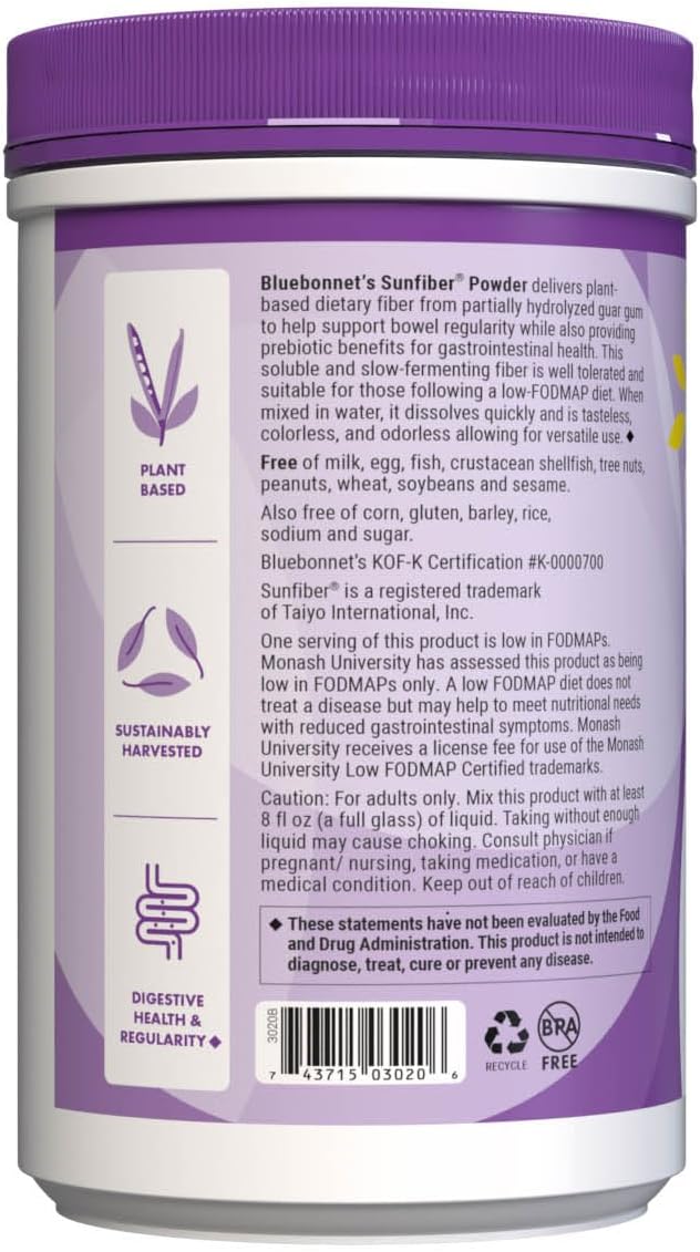 BlueBonnet Nutrition Sunfiber – 6 g of Plant Based Prebiotic Soluble Fiber – Supports Digestive Health* - Instant Dissolve – Non-GMO, Vegan, Kosher, Low-FODMAP – Unflavored, 7.4 OZ, 30 Servings - PrimeBioHealth - canada supplements