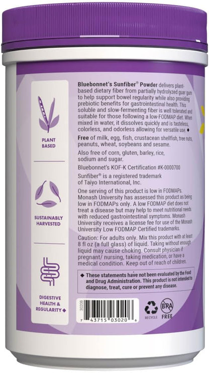 BlueBonnet Nutrition Sunfiber – 6 g of Plant Based Prebiotic Soluble Fiber – Supports Digestive Health* - Instant Dissolve – Non-GMO, Vegan, Kosher, Low-FODMAP – Unflavored, 7.4 OZ, 30 Servings - PrimeBioHealth - canada supplements