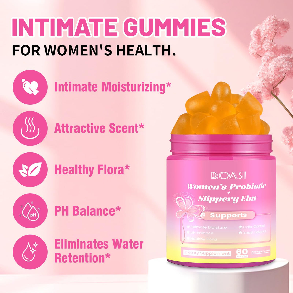 Boasi Women's Probiotics Slippery Elm Gummies,Her Juicy PH Balance,Vaginal Feminine Probiotics Pineapple Gummies,Digestive,Immune Health - PrimeBioHealth - canada supplements