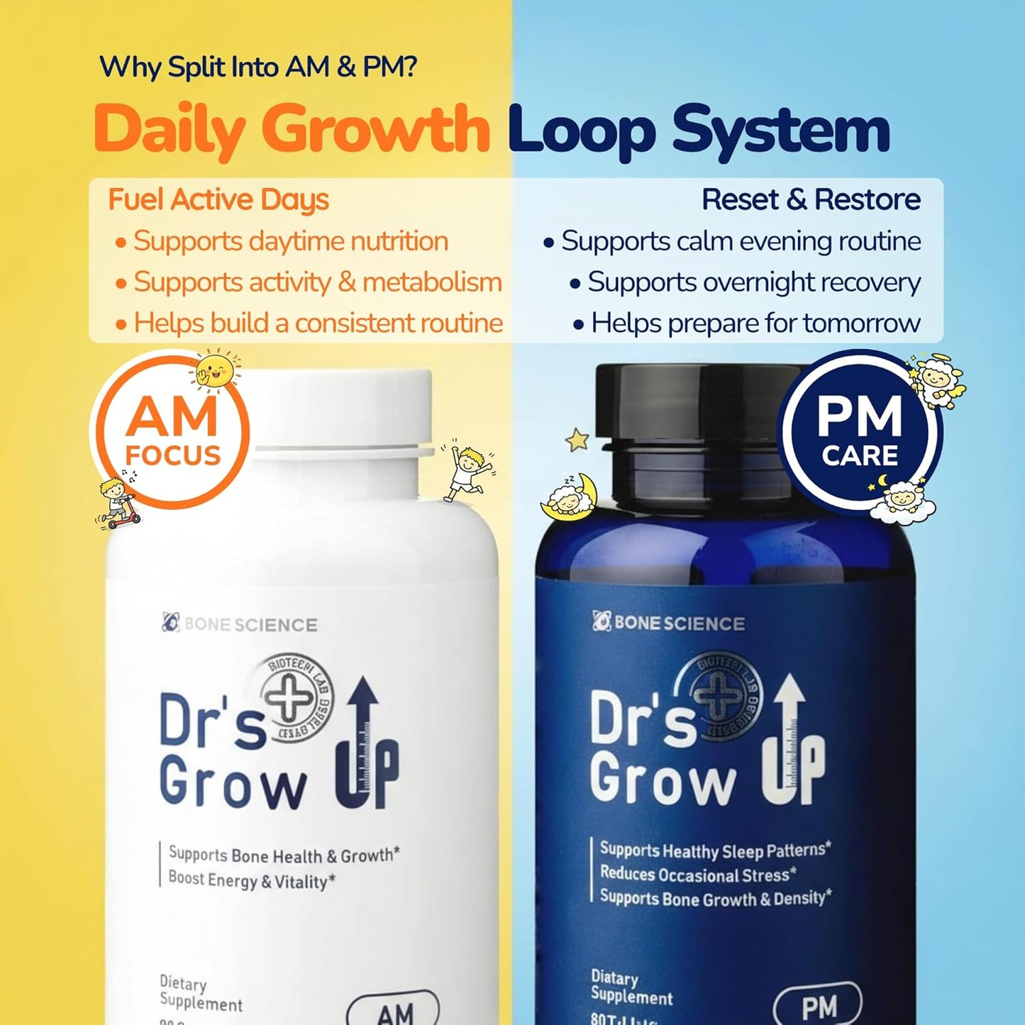 BONE SCIENCE Dr’s Grow UP AM & PM Bone and Growth for Kids and Teens, Day and Night System, Daily Formula with Highly Absorbable Essential Minerals, Vitamin D3 and K2 (MK-7) - PrimeBioHealth - canada supplements