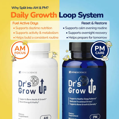 BONE SCIENCE Dr’s Grow UP AM & PM Bone and Growth for Kids and Teens, Day and Night System, Daily Formula with Highly Absorbable Essential Minerals, Vitamin D3 and K2 (MK-7) - PrimeBioHealth - canada supplements