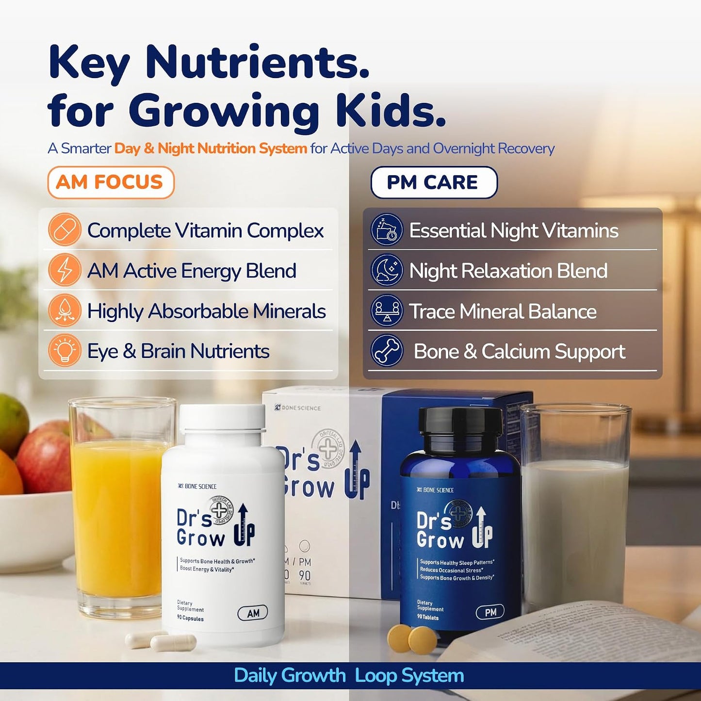 BONE SCIENCE Dr’s Grow UP AM & PM Bone and Growth for Kids and Teens, Day and Night System, Daily Formula with Highly Absorbable Essential Minerals, Vitamin D3 and K2 (MK-7) - PrimeBioHealth - canada supplements