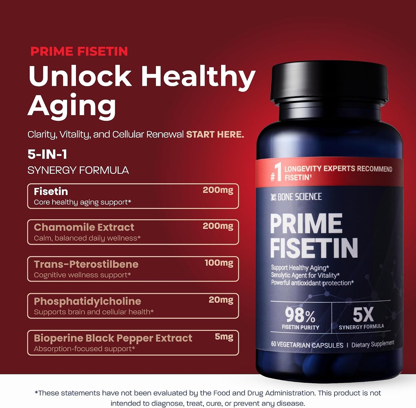 BONE SCIENCE Prime Fisetin 98% Plant-Based Flavonoid Supplement with Chamomile Extract, Trans-Pterostilbene, Phosphatidylcholine, and BioPerine - PrimeBioHealth - canada supplements