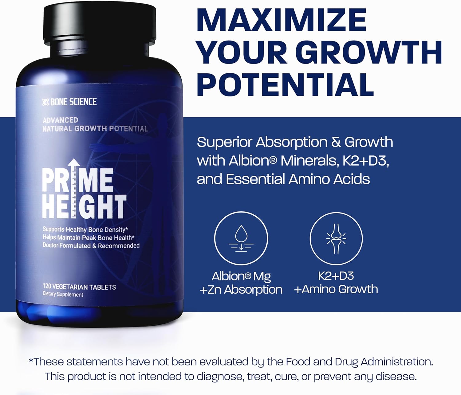 BONE SCIENCE Primeheight Bone & Growth Support with Calcium, Vitamin D3, K2, Magnesium, Zinc - Nutrient-Based Vegan Immune Formula, Non-GMO, 120 Tablets - PrimeBioHealth - canada supplements