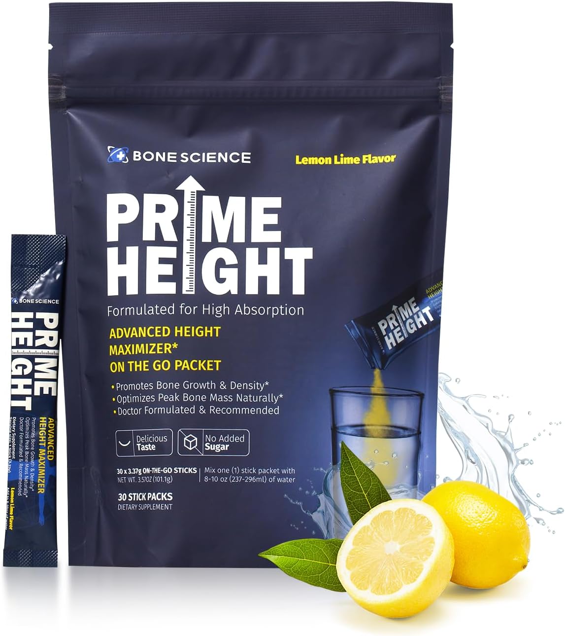 BONE SCIENCE PrimeHeight Multivitamin Powder for Kids & Teens, Bone & Immune Support, Sugar-Free Lemon Lime Flavor, 16 Key Nutrients, Easy Drink Mix, 30 Sticks - PrimeBioHealth - canada supplements