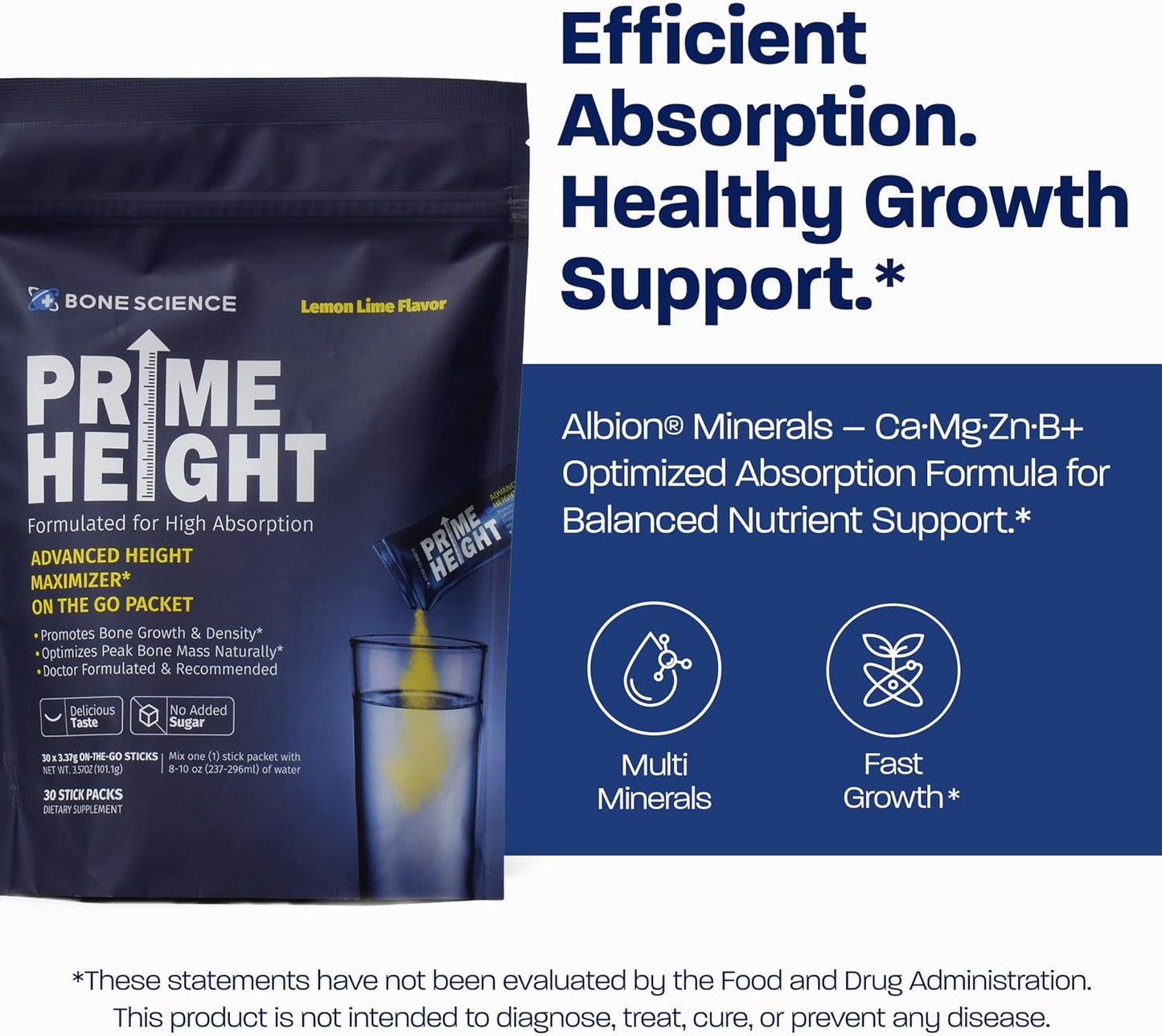 BONE SCIENCE PrimeHeight Multivitamin Powder for Kids & Teens, Bone & Immune Support, Sugar-Free Lemon Lime Flavor, 16 Key Nutrients, Easy Drink Mix, 30 Sticks - PrimeBioHealth - canada supplements