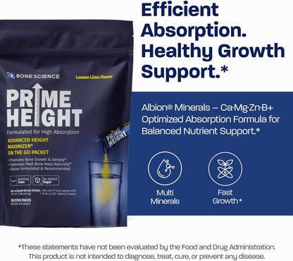BONE SCIENCE PrimeHeight Multivitamin Powder for Kids & Teens, Bone & Immune Support, Sugar-Free Lemon Lime Flavor, 16 Key Nutrients, Easy Drink Mix, 30 Sticks - PrimeBioHealth - canada supplements