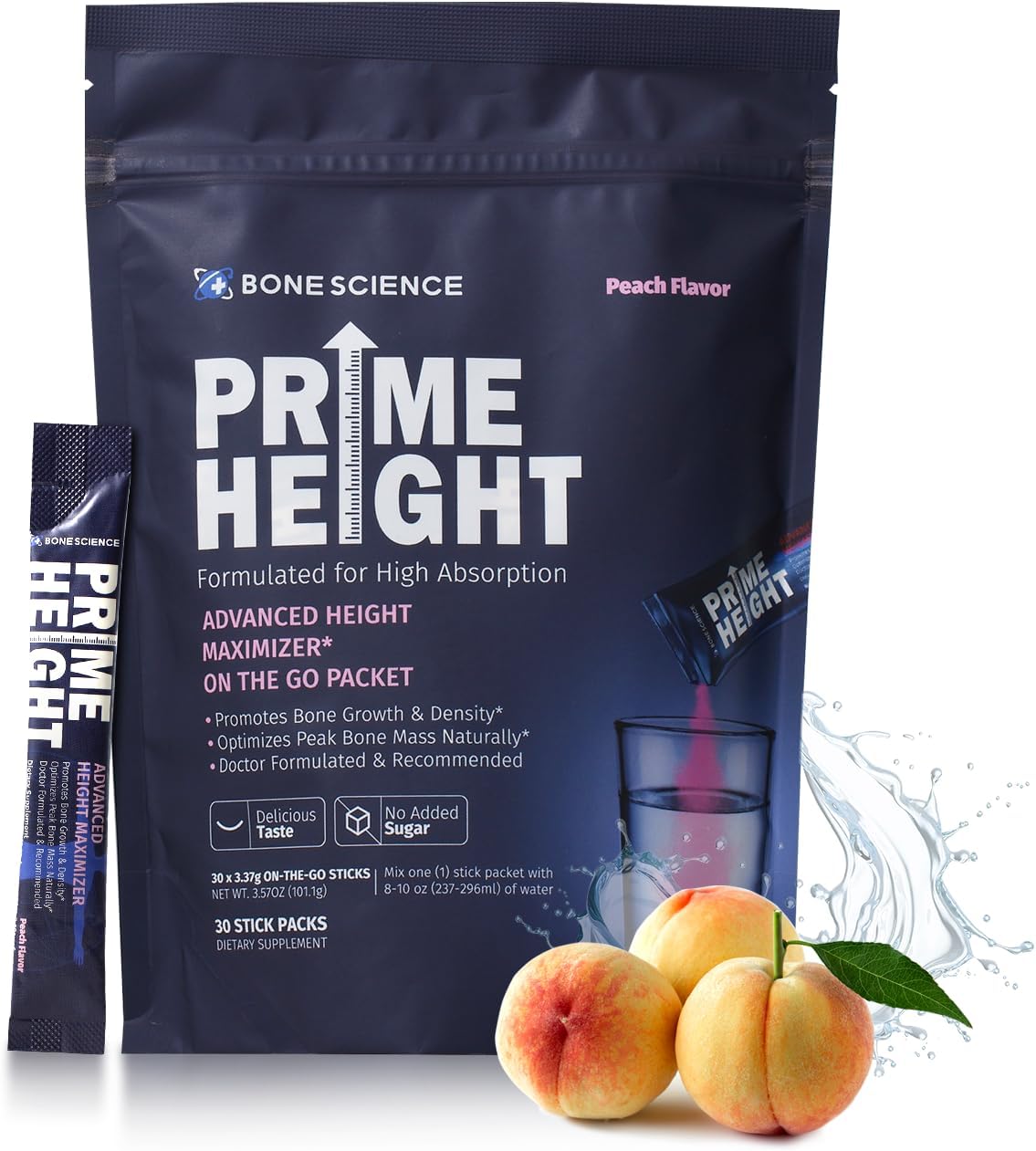 BONE SCIENCE Primeheight Multivitamin Powder for Kids & Teens, Bone & Immune Support, Sugar-Free Peach Flavor, 16 Key Nutrients, Easy Drink Mix, 30 Sticks - PrimeBioHealth - canada supplements