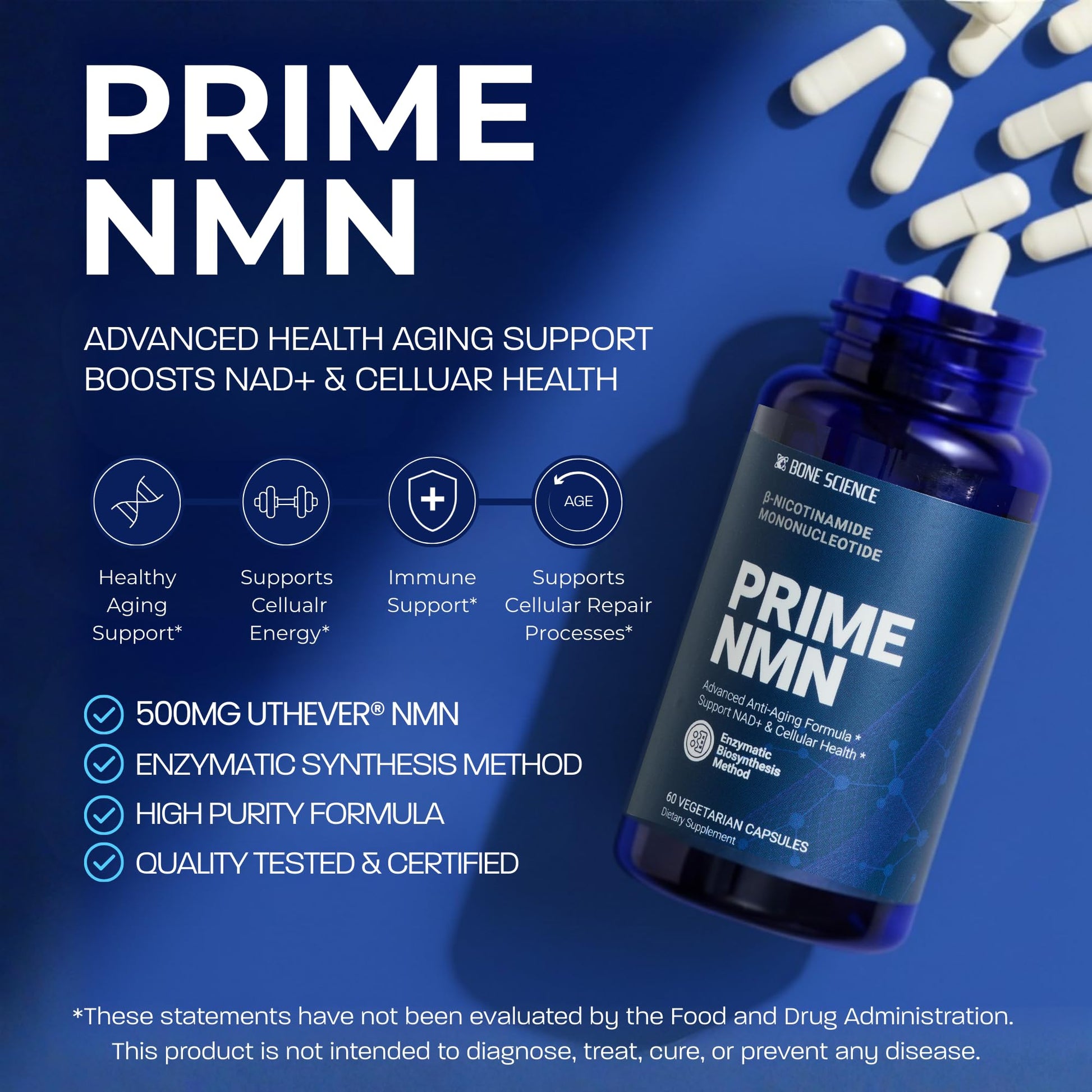 BONE SCIENCE Uthever NMN & Pterostilbene 6-in-1 Complex with Resveratrol, Glutathione & BioPerine - High Purity Stabilized NAD+ Precursor for Healthy Aging & Cellular Energy - 72 Vegetarian Capsules - PrimeBioHealth - canada supplements