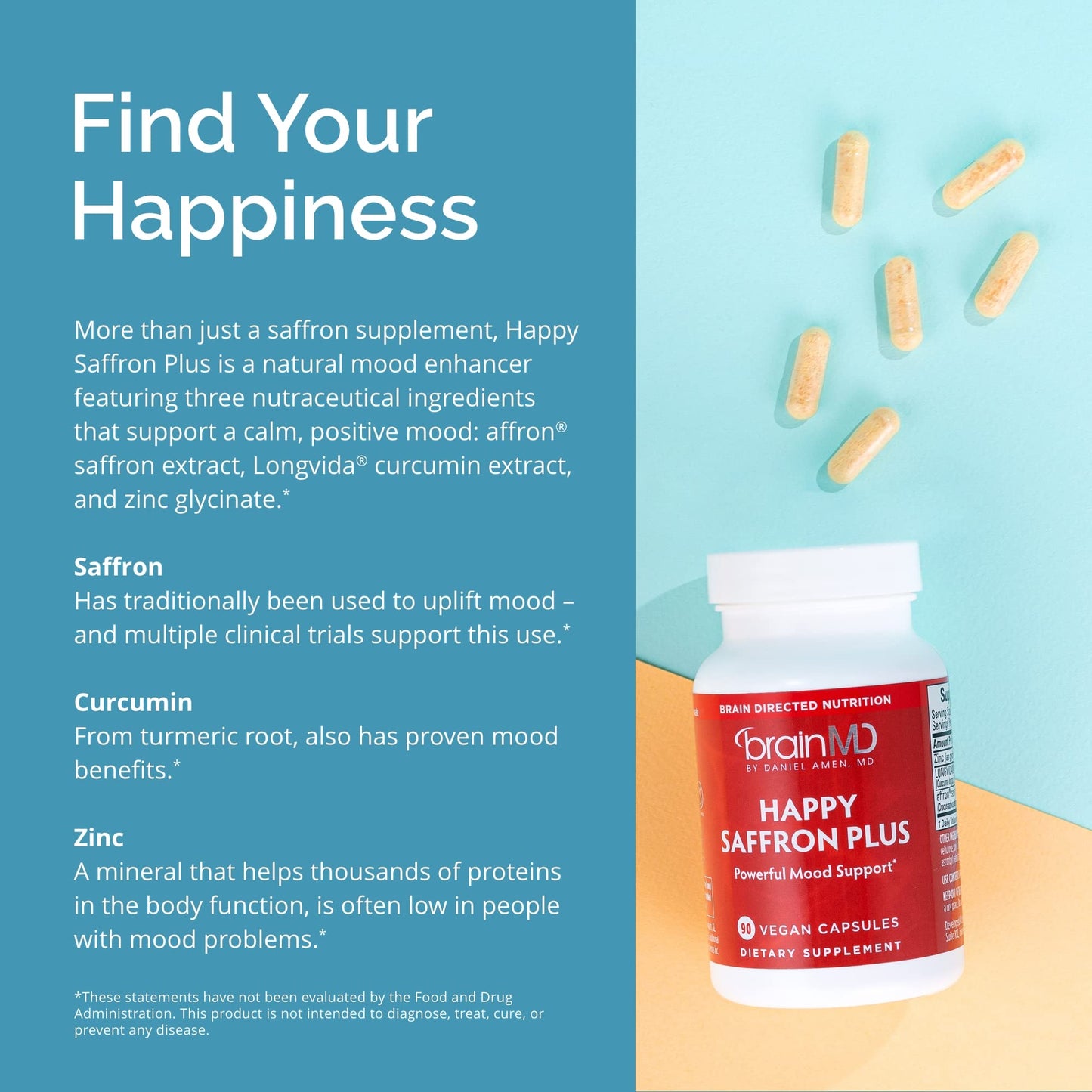 BRAINMD Dr Amen Happy Saffron Plus - 90 Capsules - with Saffron Flower Extract, Curcumin & Zinc - Vegan - PrimeBioHealth - canada supplements
