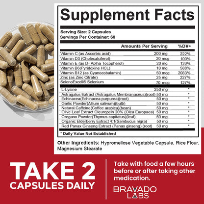 Bravado Labs L-Lysine 250mg Capsules – Immune & Cold Sore Support – Vegan, Non-GMO, Allergen-Free, 3rd-Party Tested - PrimeBioHealth - canada supplements