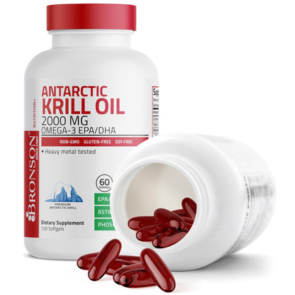 Bronson Antarctic Krill Oil 2000 mg with Omega-3s EPA, DHA, Astaxanthin and Phospholipids 120 Softgels (60 Servings) - PrimeBioHealth - canada supplements