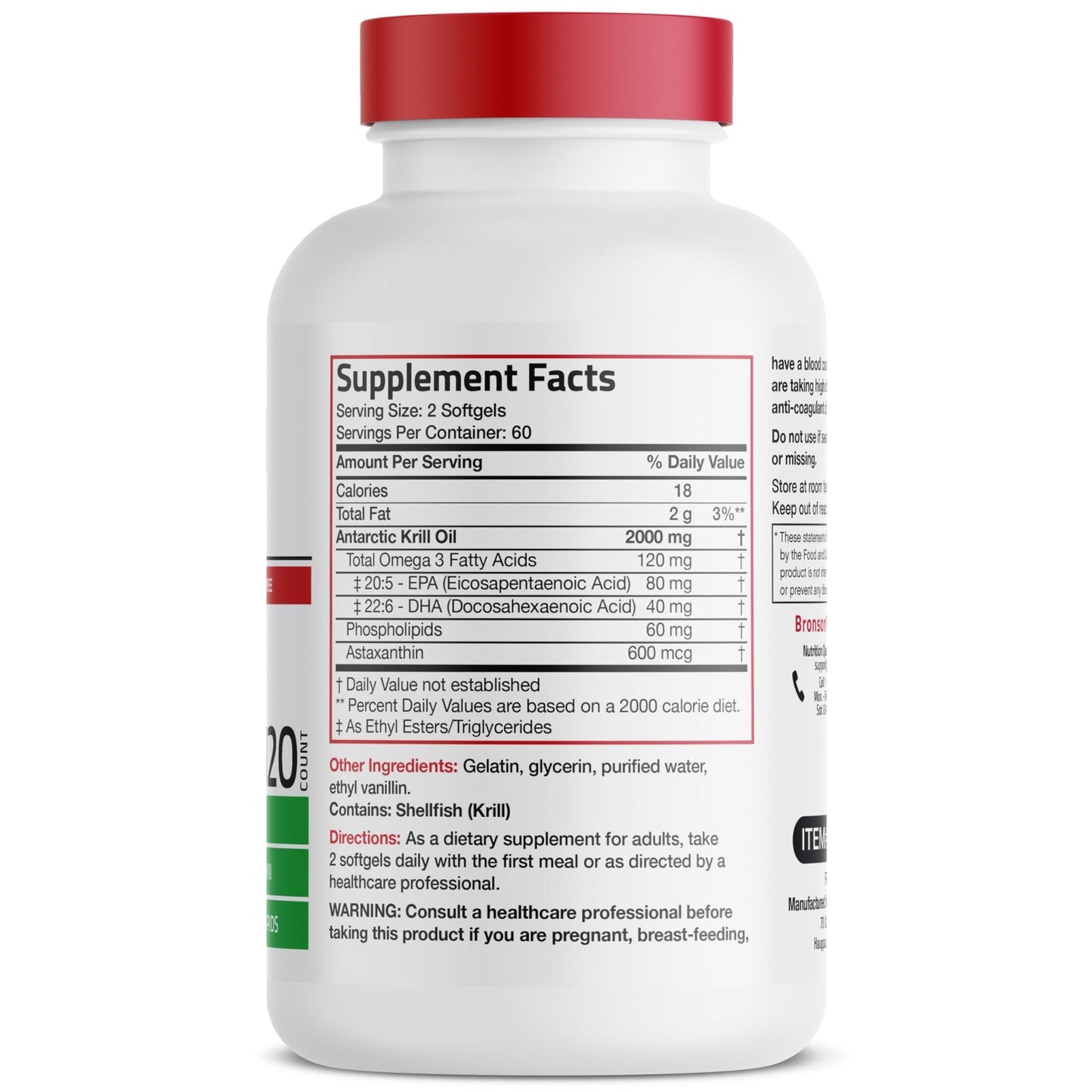 Bronson Antarctic Krill Oil 2000 mg with Omega-3s EPA, DHA, Astaxanthin and Phospholipids 120 Softgels (60 Servings) - PrimeBioHealth - canada supplements