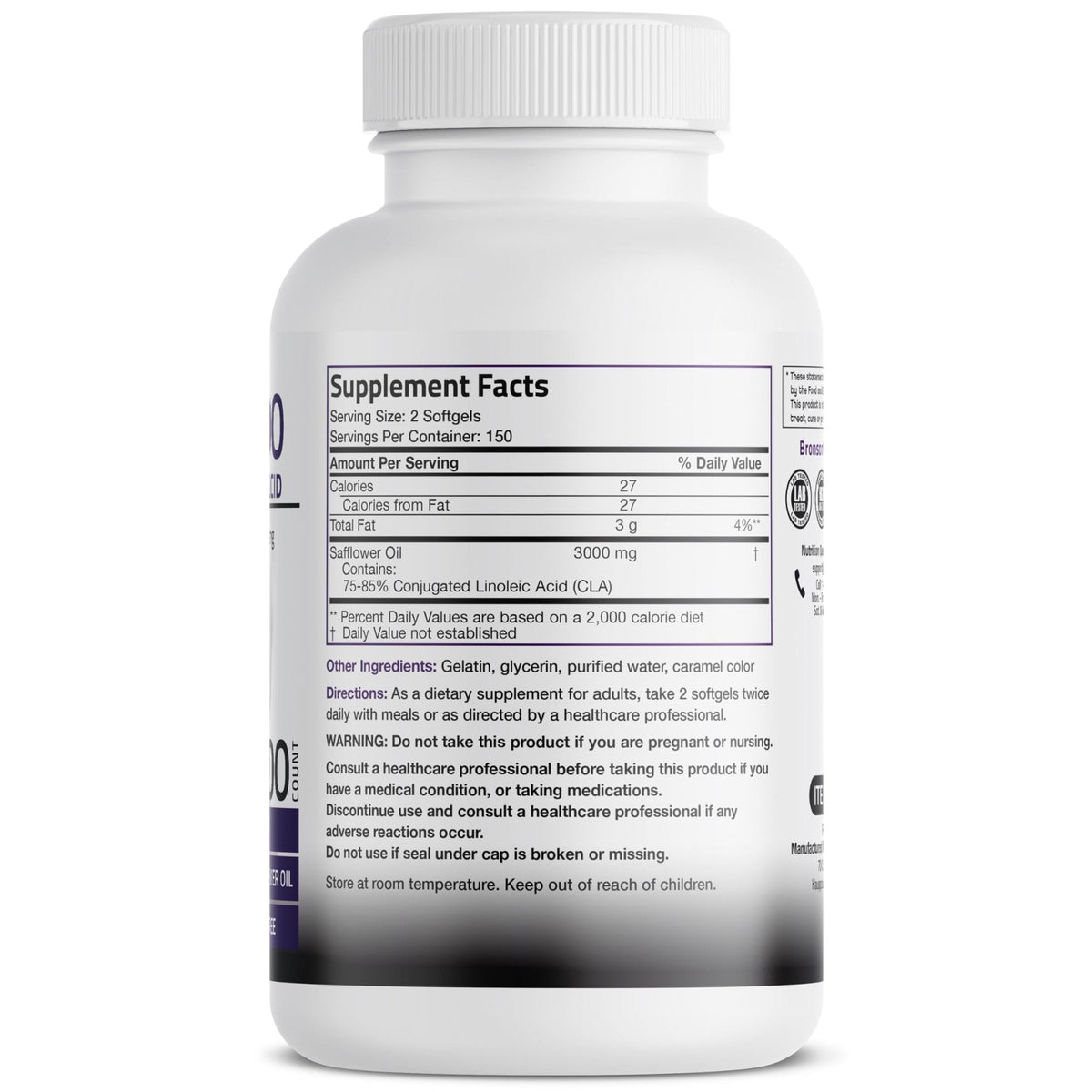 Bronson CLA 3000 Extra High Potency Supports Healthy Weight Management Lean Muscle Mass Non-Stimulating Conjugated Linoleic Acid 120 Softgels - PrimeBioHealth - canada supplements