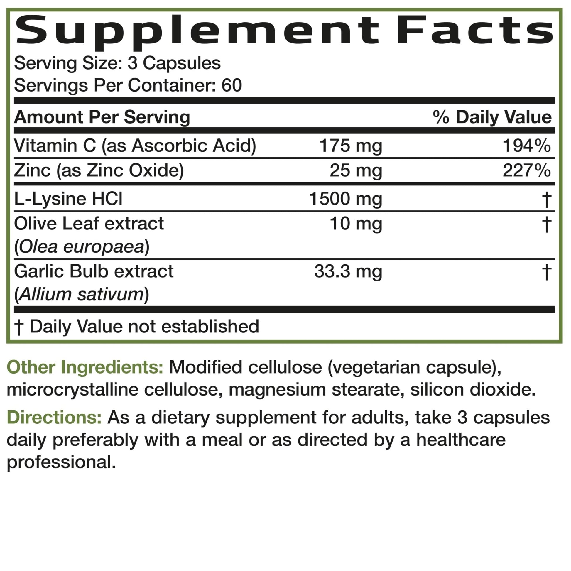 Bronson L-Lysine Defense Immune Support Complex 1500 MG L-Lysine Plus Olive Leaf, Garlic, Vitamin C and Zinc - Non-GMO, 90 Vegetarian Capsules - PrimeBioHealth - canada supplements