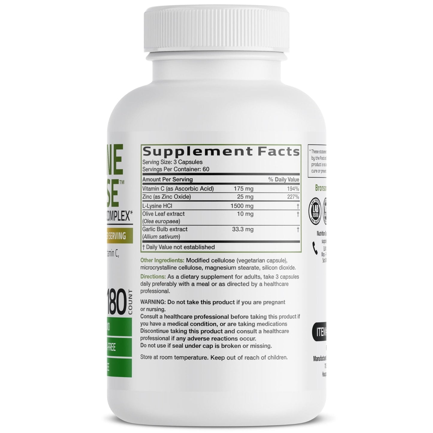 Bronson L-Lysine Defense Immune Support Complex 1500 MG L-Lysine Plus Olive Leaf, Garlic, Vitamin C and Zinc - Non-GMO, 90 Vegetarian Capsules - PrimeBioHealth - canada supplements